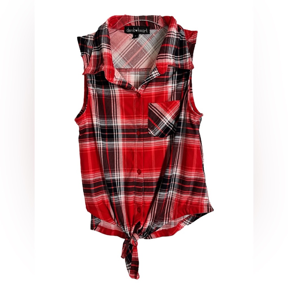 Derek Heart Red and Black Plaid Button Down Sleeveless Top